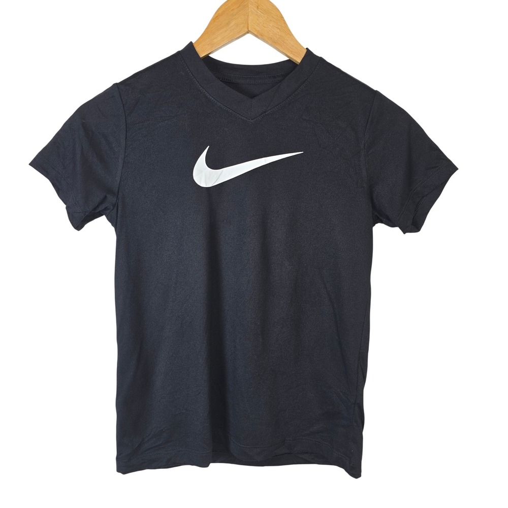 Nike Kids Dri-Fit V-Neck‎ T-Shirt Black Swoosh Athletic Tee AR5039-010 Size M
